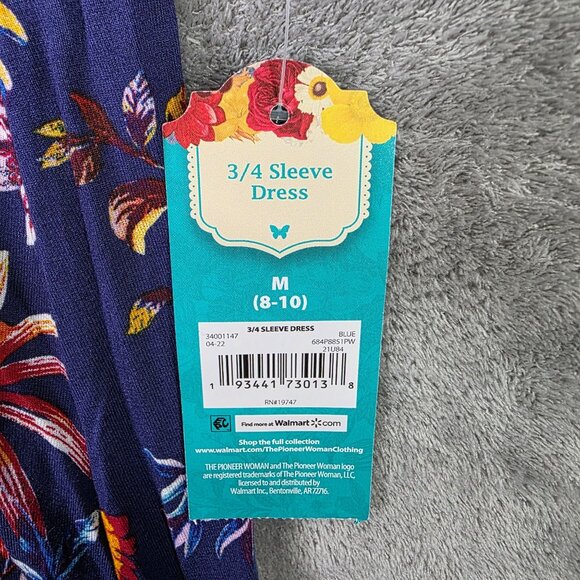 The Pioneer Woman Blue Floral 3/4 Sleeve Dress Rayon Spandex Blend M (8-10) - Picture 3 of 10